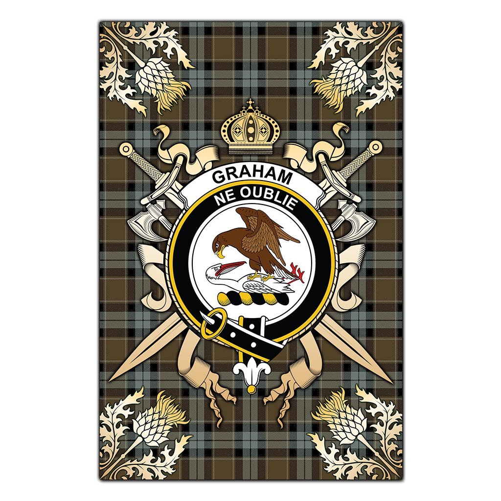 Graham of Menteith Weathered Tartan Crest Black Garden Flag - Gold Thistle Style
