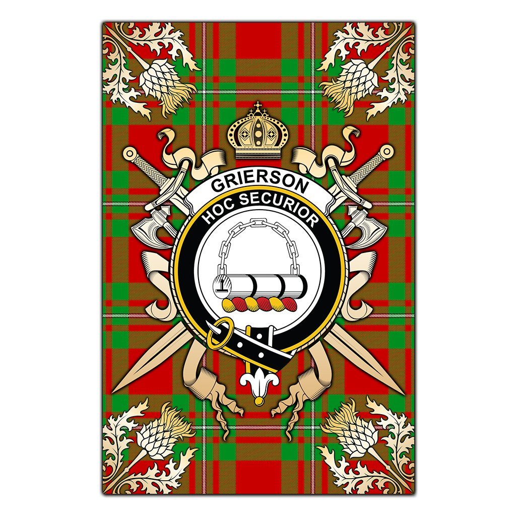 Grierson Tartan Crest Black Garden Flag - Gold Thistle Style