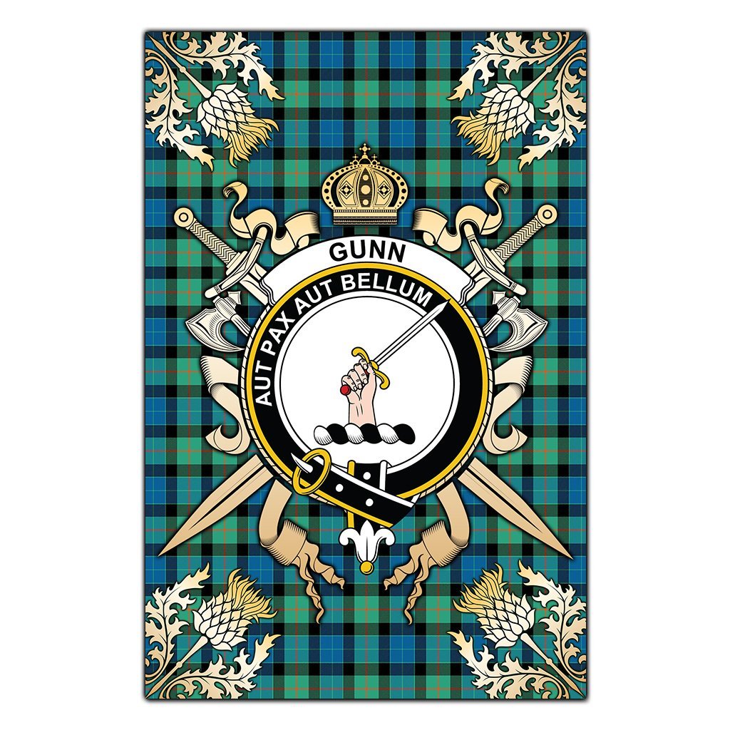 Gunn Ancient Tartan Crest Black Garden Flag - Gold Thistle Style