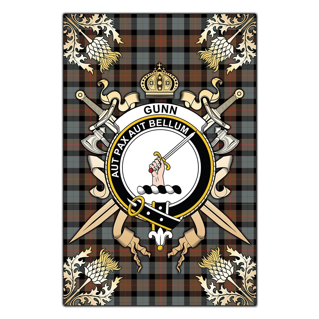 Gunn Weathered Tartan Crest Black Garden Flag - Gold Thistle Style