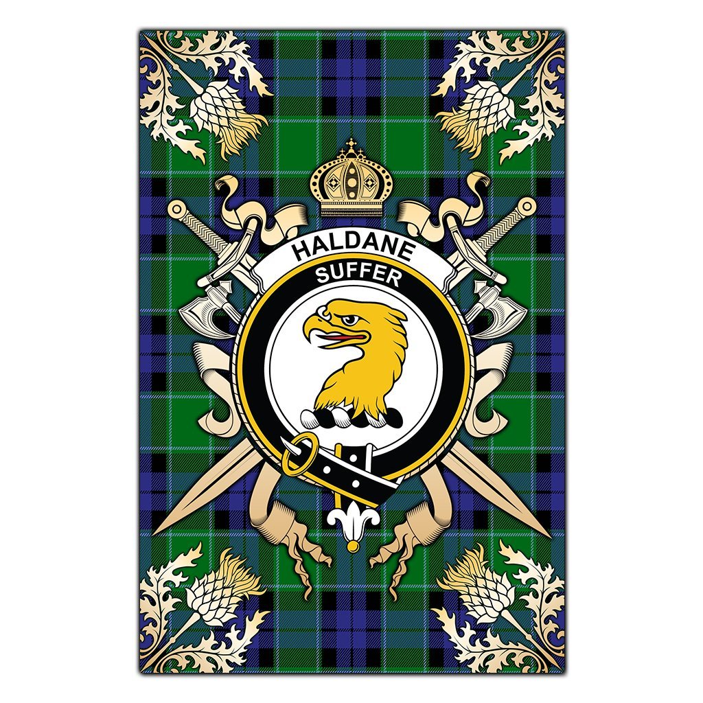 Haldane Tartan Crest Black Garden Flag - Gold Thistle Style