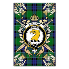 Haldane Tartan Crest Black Garden Flag - Gold Thistle Style