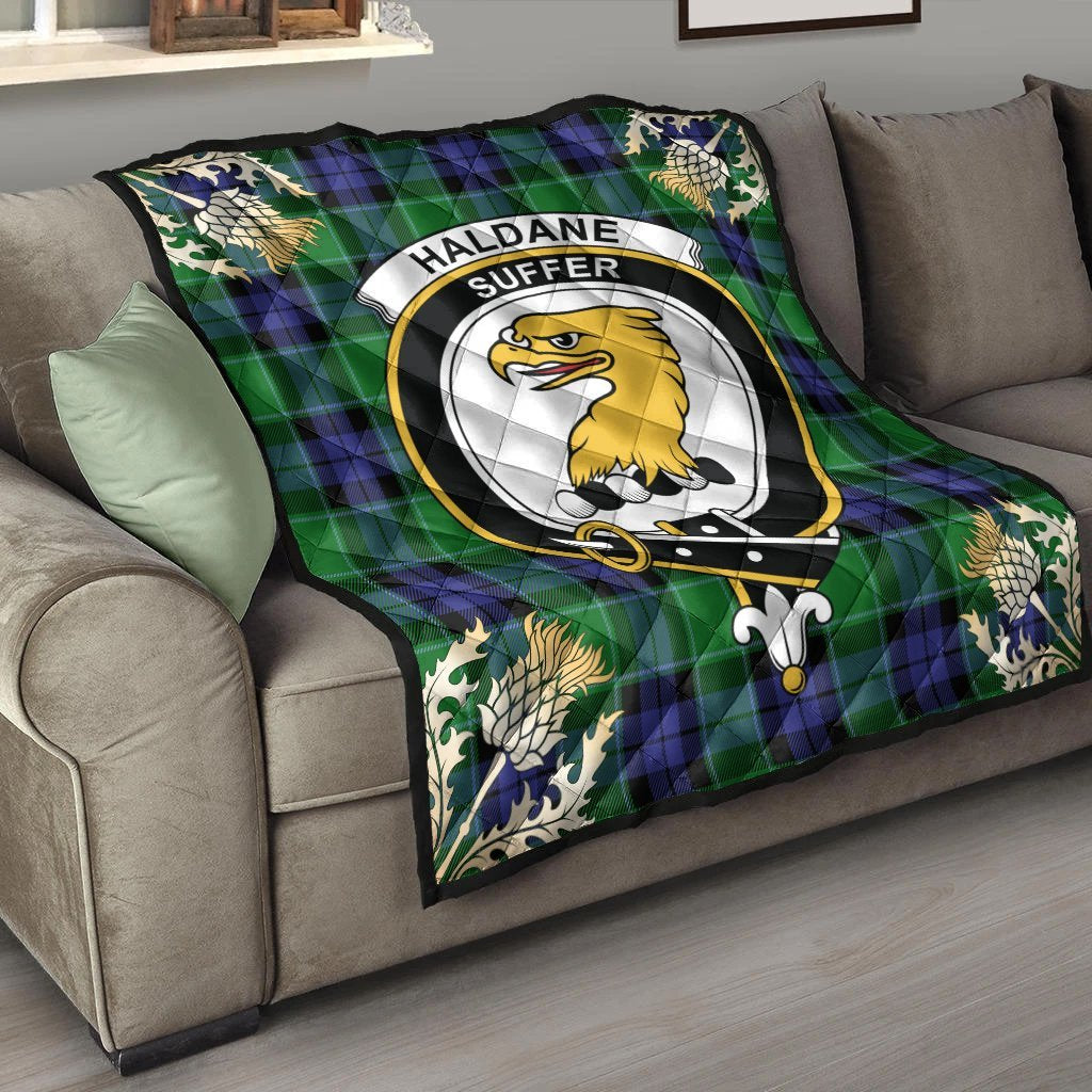 Haldane Tartan Crest Premium Quilt - Gold Thistle Style