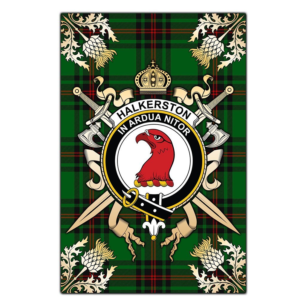 Halkerston Tartan Crest Black Garden Flag - Gold Thistle Style