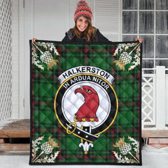 Halkerston Tartan Crest Premium Quilt - Gold Thistle Style