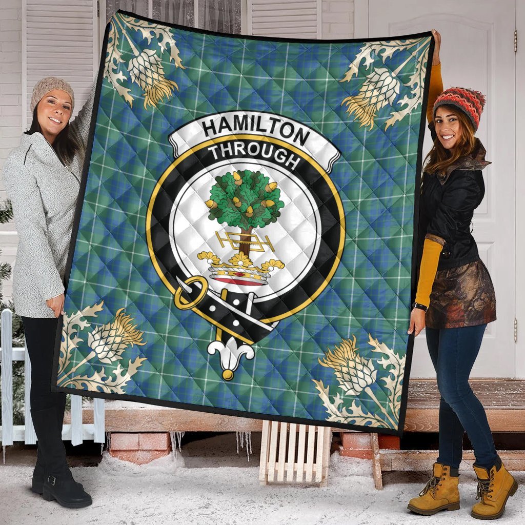 Hamilton Hunting Ancient Tartan Crest Premium Quilt - Gold Thistle Style