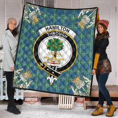 Hamilton Hunting Ancient Tartan Crest Premium Quilt - Gold Thistle Style