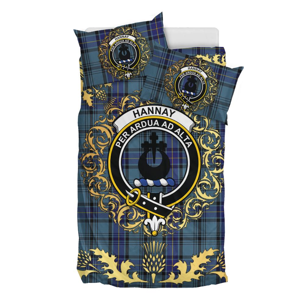 Hannay Blue Tartan Crest Bedding Set - Golden Thistle Style