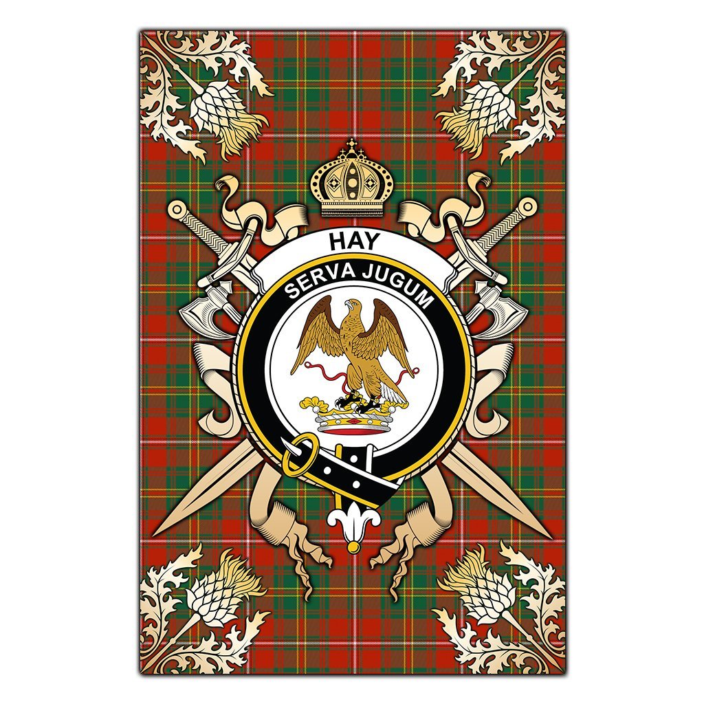 Hay Ancient Tartan Crest Black Garden Flag - Gold Thistle Style