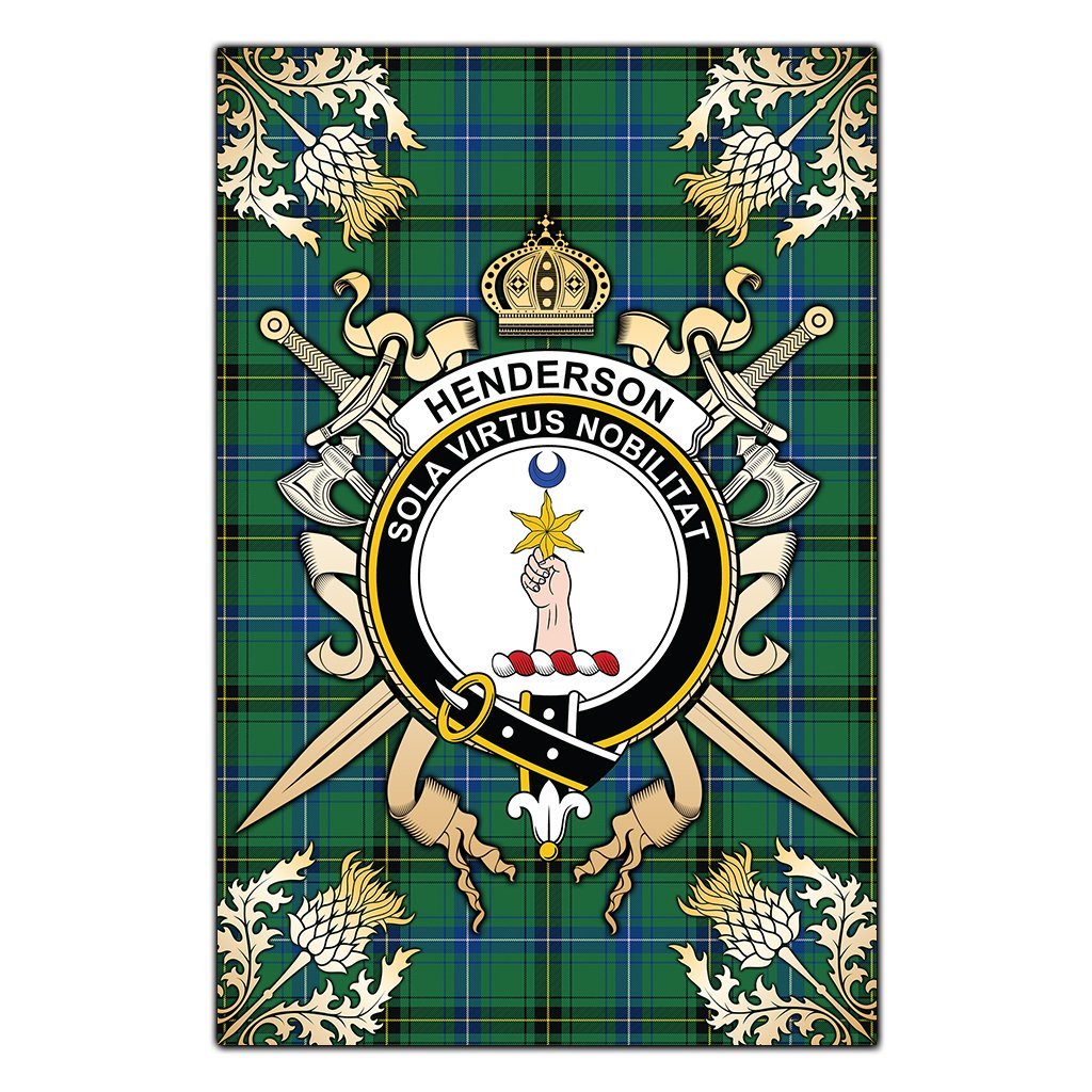 Henderson Ancient Tartan Crest Black Garden Flag - Gold Thistle Style