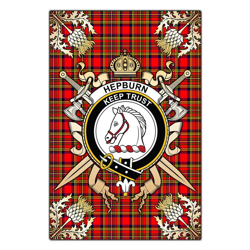 Hepburn Tartan Crest Black Garden Flag - Gold Thistle Style