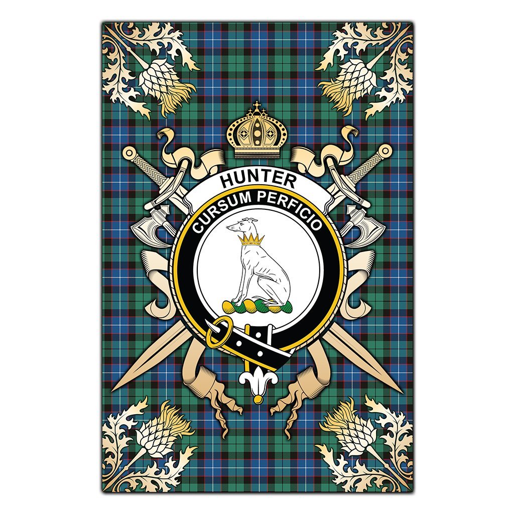 Hunter Ancient Tartan Crest Black Garden Flag - Gold Thistle Style