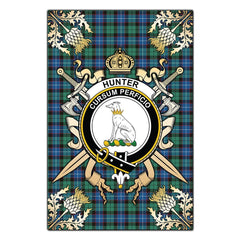 Hunter Ancient Tartan Crest Black Garden Flag - Gold Thistle Style