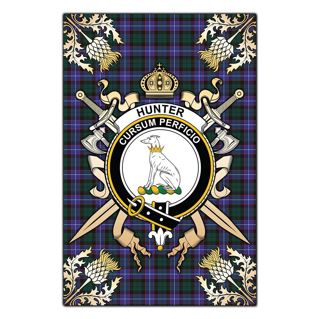 Hunter Modern Tartan Crest Black Garden Flag - Gold Thistle Style