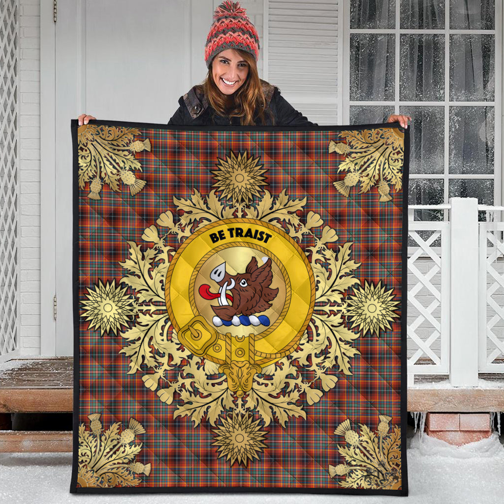 Innes Ancient Tartan Crest Premium Quilt - Gold Thistle Style