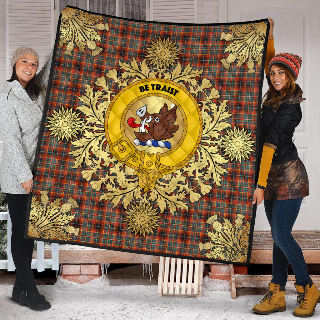 Innes Ancient Tartan Crest Premium Quilt - Gold Thistle Style