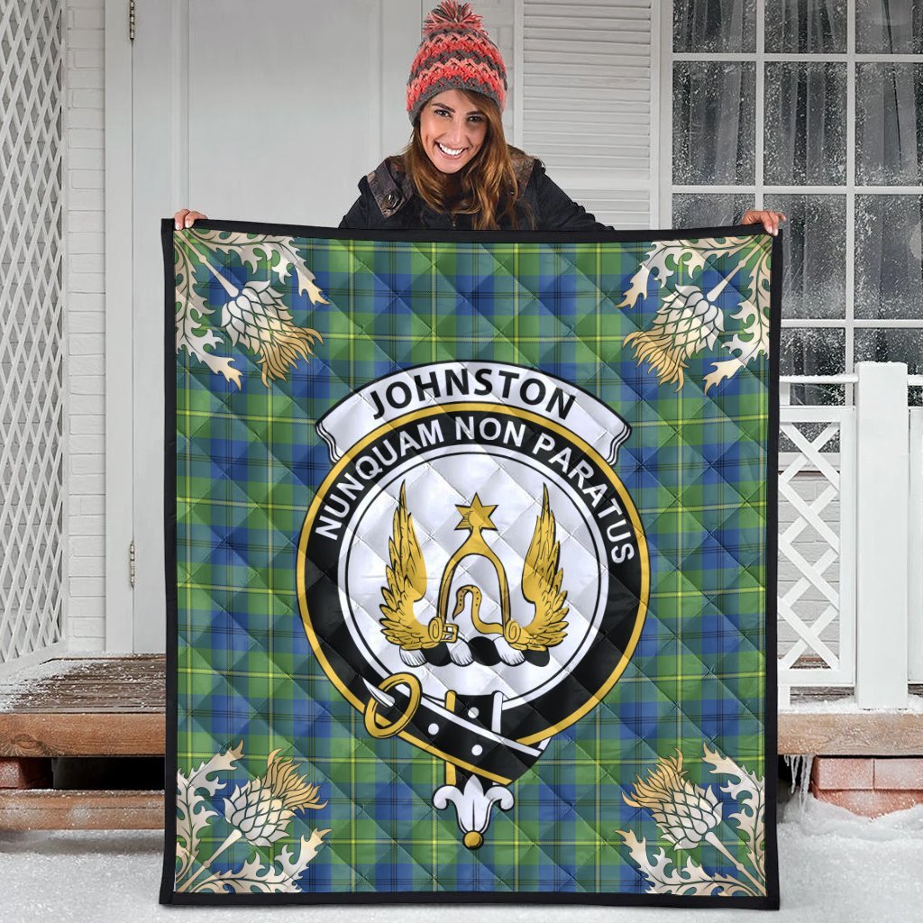 Johnston Ancient Tartan Crest Premium Quilt - Gold Thistle Style