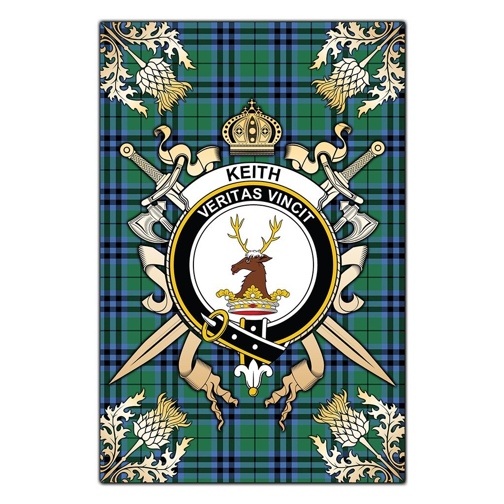 Keith Ancient Tartan Crest Black Garden Flag - Gold Thistle Style