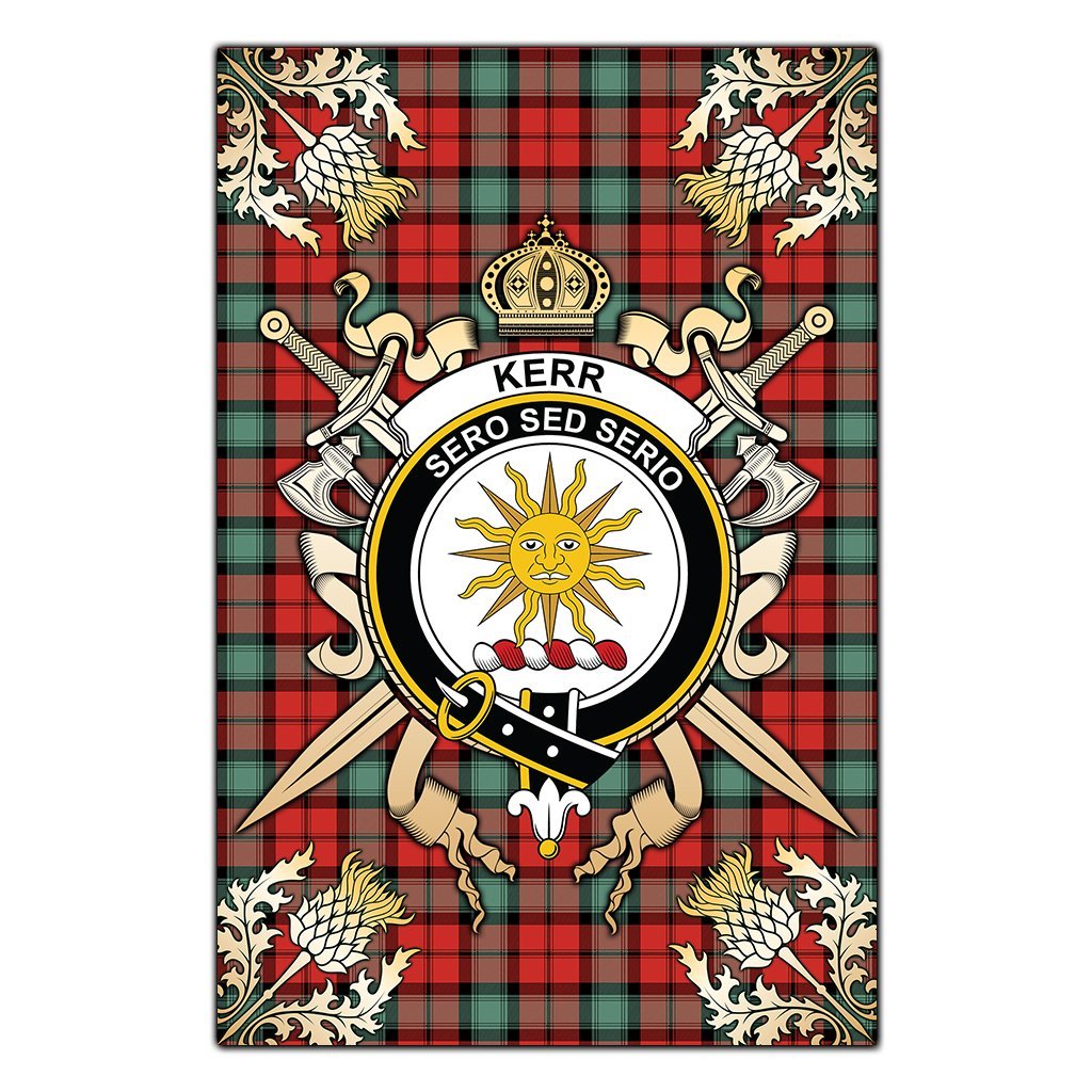 Kerr Ancient Tartan Crest Black Garden Flag - Gold Thistle Style