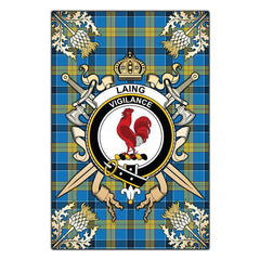 Laing Tartan Crest Black Garden Flag - Gold Thistle Style