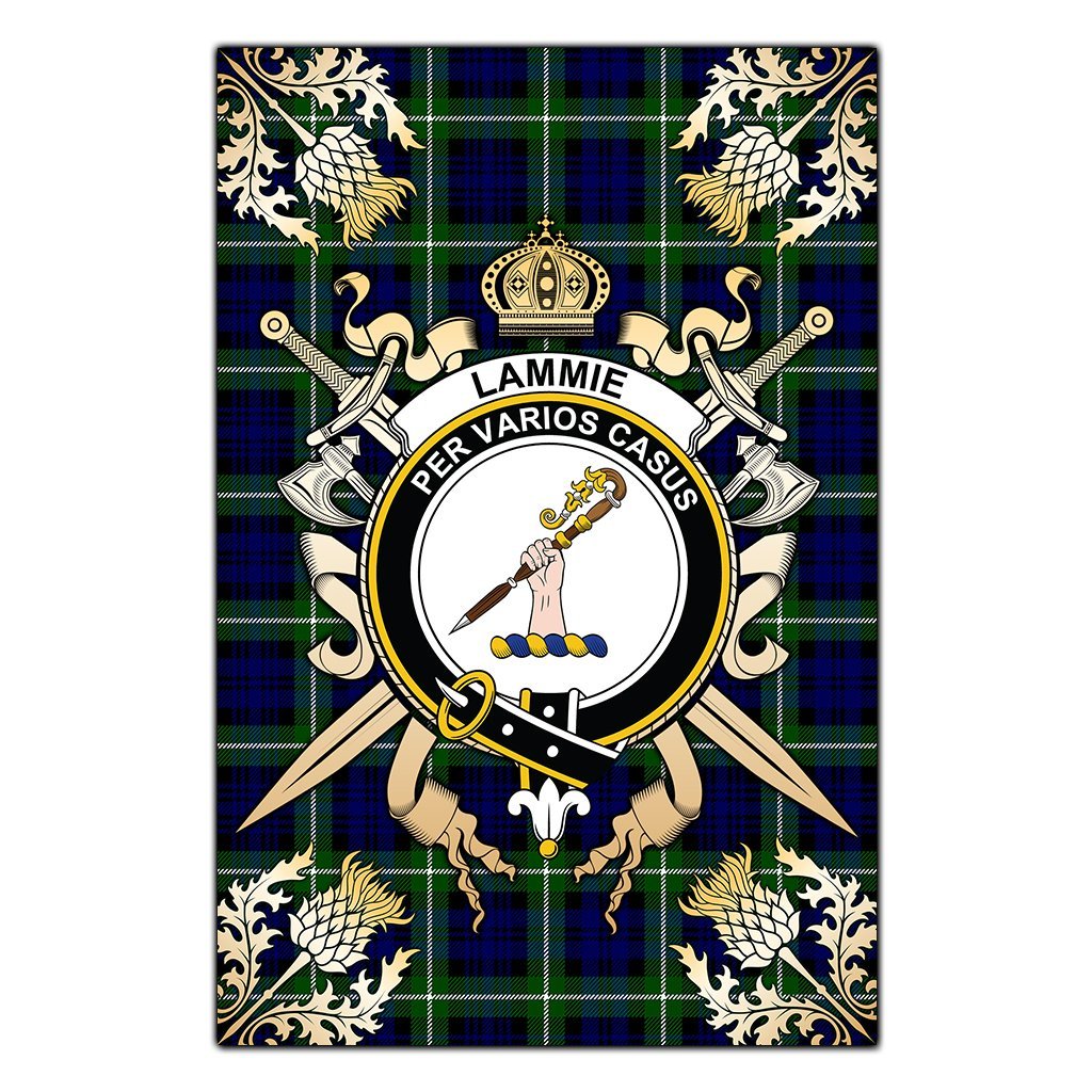 Lammie Tartan Crest Black Garden Flag - Gold Thistle Style