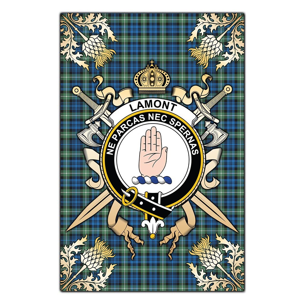 Lamont Ancient Tartan Crest Black Garden Flag - Gold Thistle Style