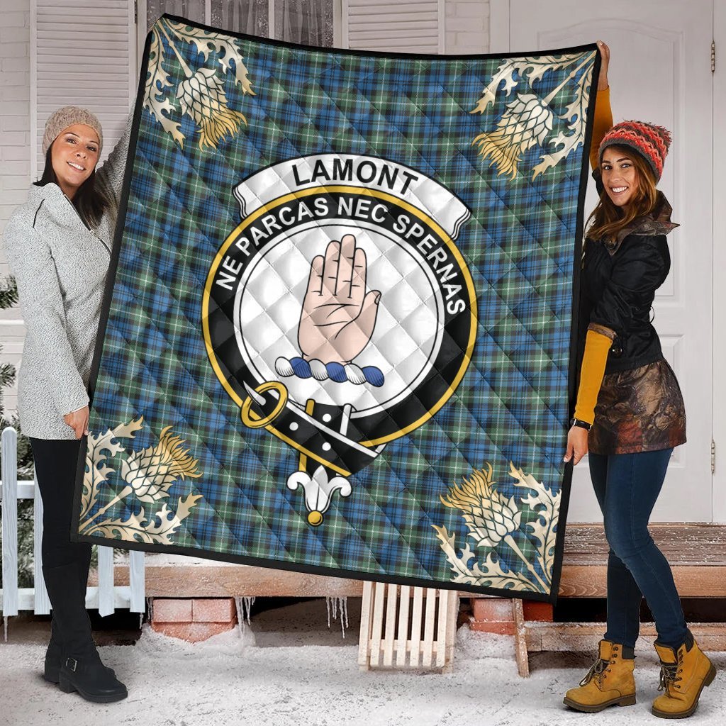 Lamont Ancient Tartan Crest Premium Quilt - Gold Thistle Style