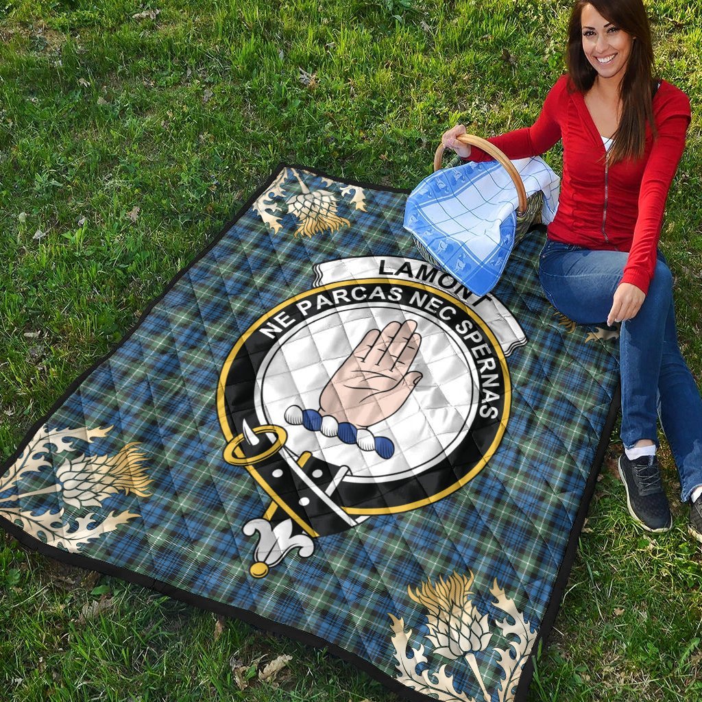 Lamont Ancient Tartan Crest Premium Quilt - Gold Thistle Style