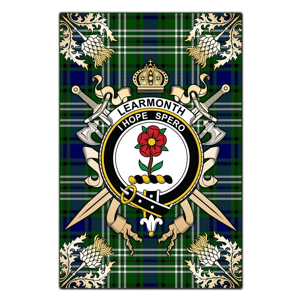 Learmonth Tartan Crest Black Garden Flag - Gold Thistle Style