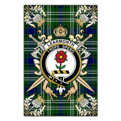 Learmonth Tartan Crest Black Garden Flag - Gold Thistle Style