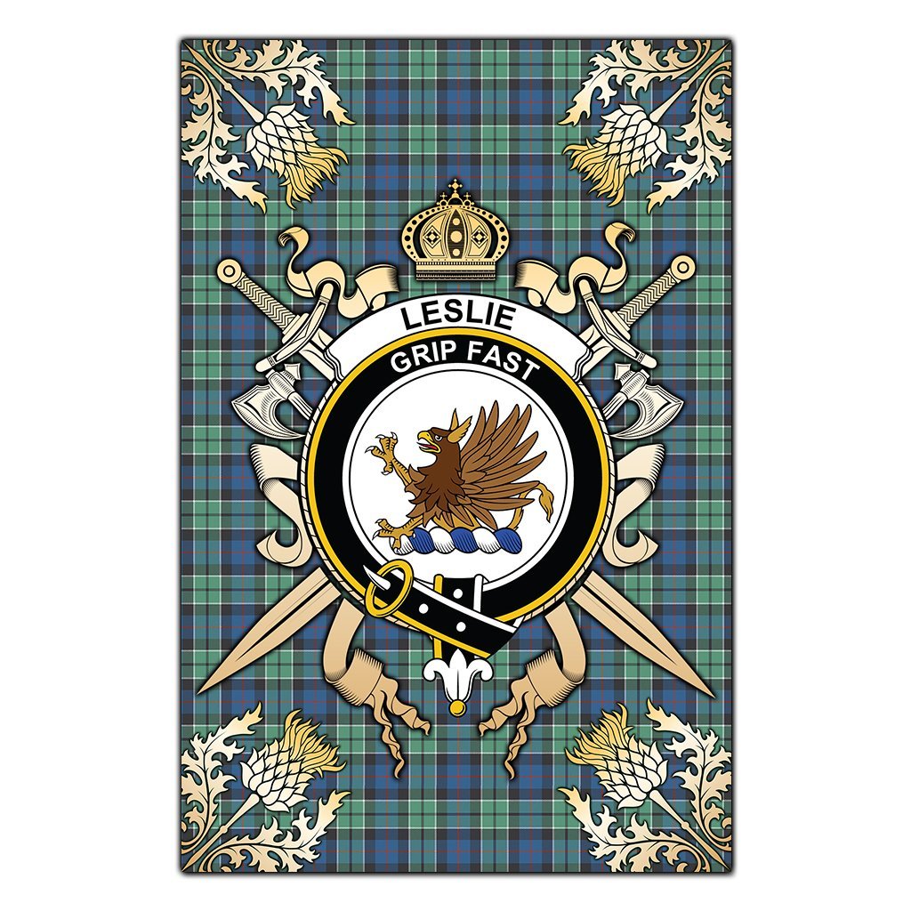 Leslie Hunting Ancient Tartan Crest Black Garden Flag - Gold Thistle Style
