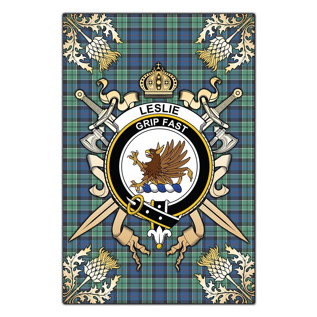 Leslie Hunting Ancient Tartan Crest Black Garden Flag - Gold Thistle Style