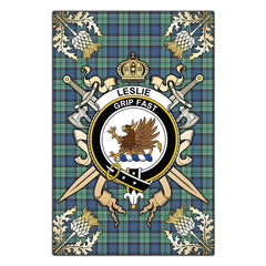 Leslie Hunting Ancient Tartan Crest Black Garden Flag - Gold Thistle Style