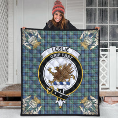 Leslie Hunting Ancient Tartan Crest Premium Quilt - Gold Thistle Style