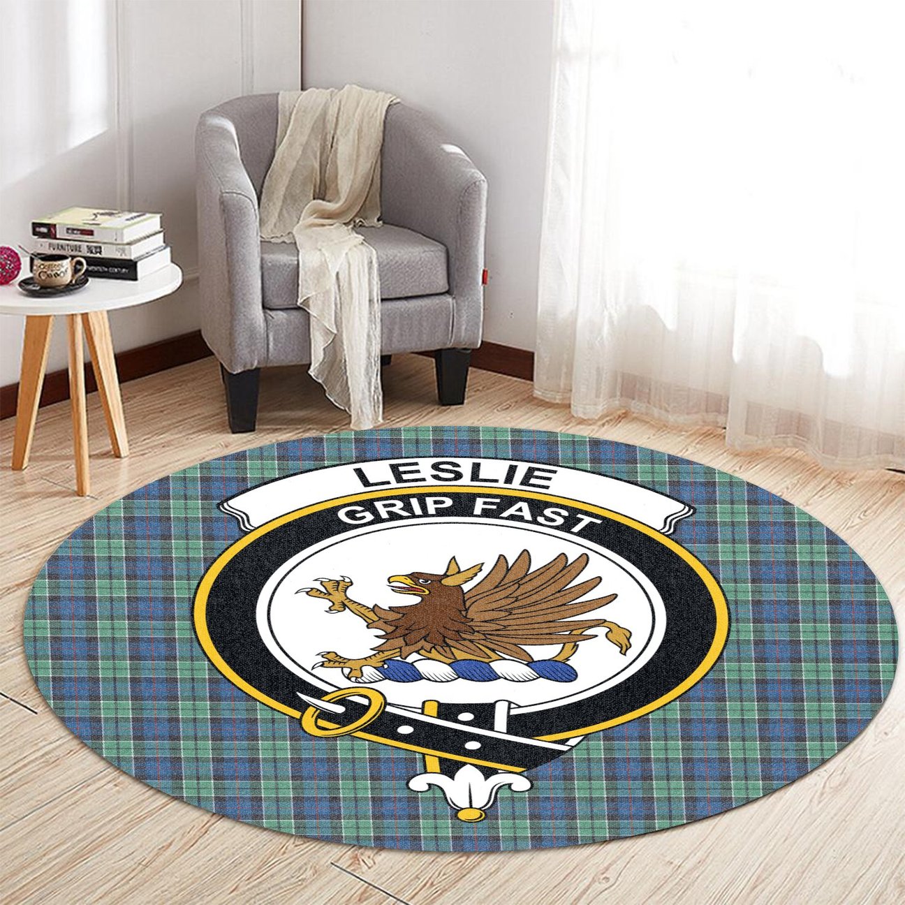 Leslie Hunting Ancient Tartan Crest Round Rug