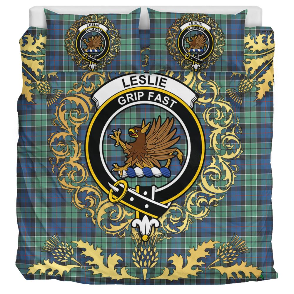 Leslie Hunting Ancient Tartan Crest Bedding Set - Golden Thistle Style