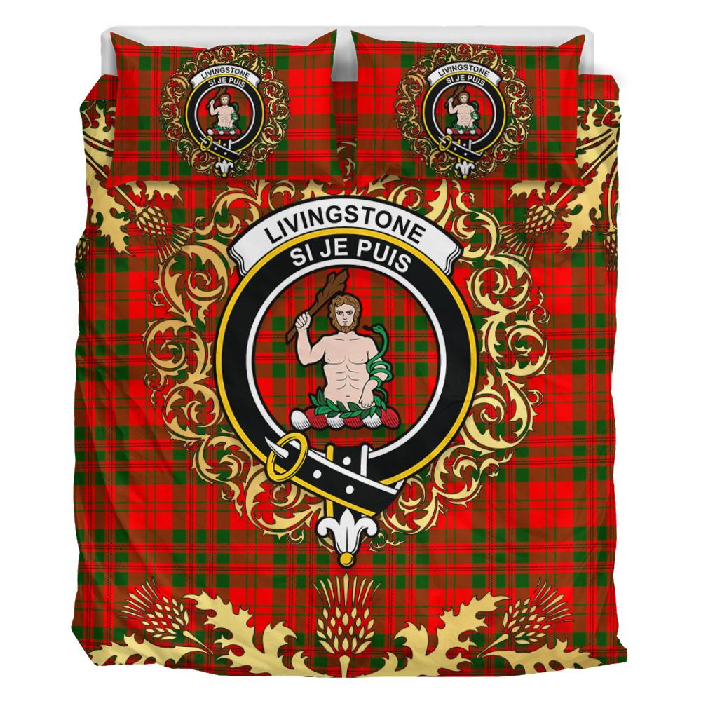 Livingston (MacLea) Modern Tartan Crest Bedding Set - Golden Thistle Style