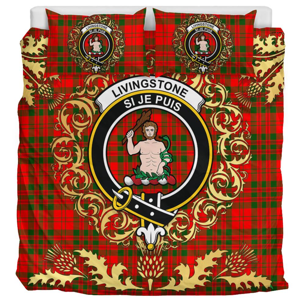 Livingston (MacLea) Modern Tartan Crest Bedding Set - Golden Thistle Style