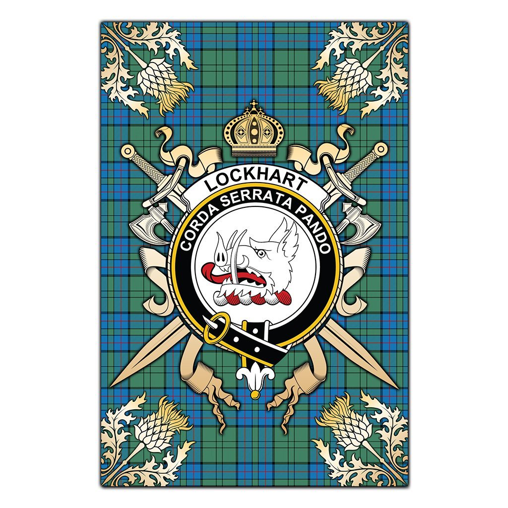 Lockhart Tartan Crest Black Garden Flag - Gold Thistle Style