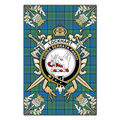 Lockhart Tartan Crest Black Garden Flag - Gold Thistle Style