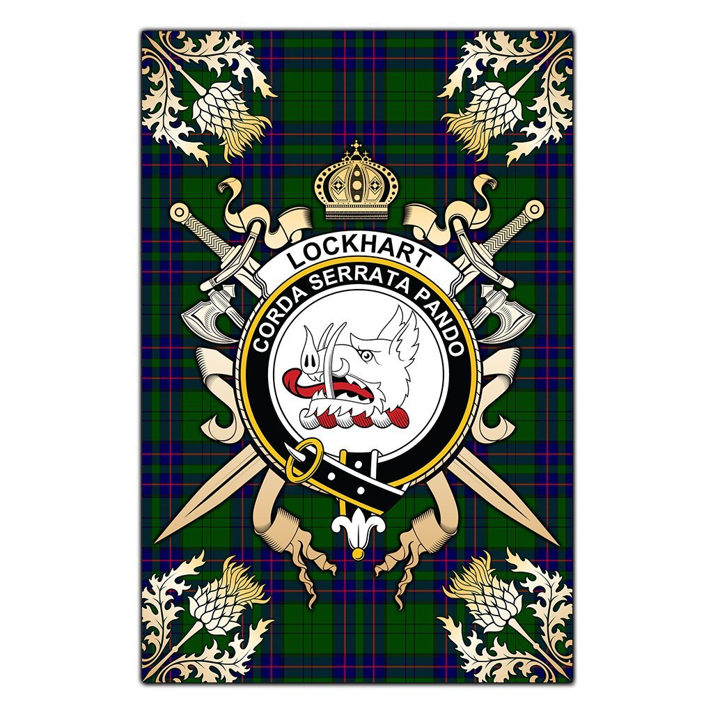 Lockhart Modern Tartan Crest Black Garden Flag - Gold Thistle Style