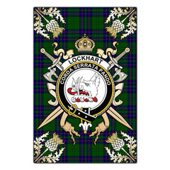 Lockhart Modern Tartan Crest Black Garden Flag - Gold Thistle Style