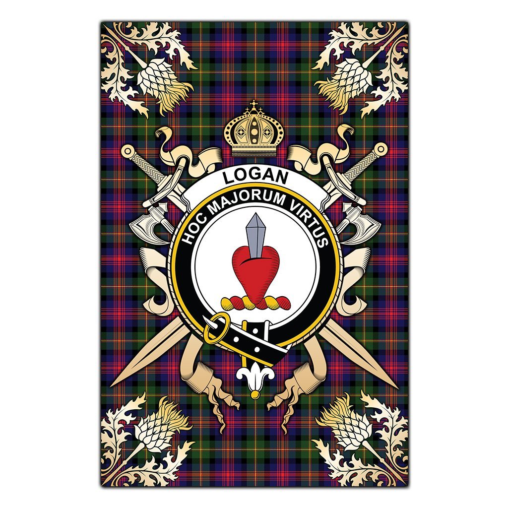 Logan Modern Tartan Crest Black Garden Flag - Gold Thistle Style