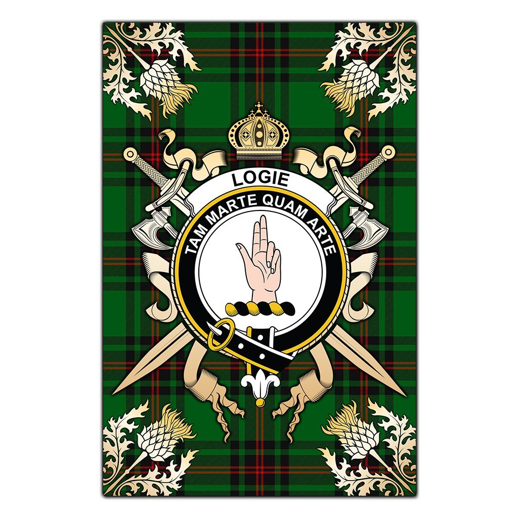Logie Tartan Crest Black Garden Flag - Gold Thistle Style