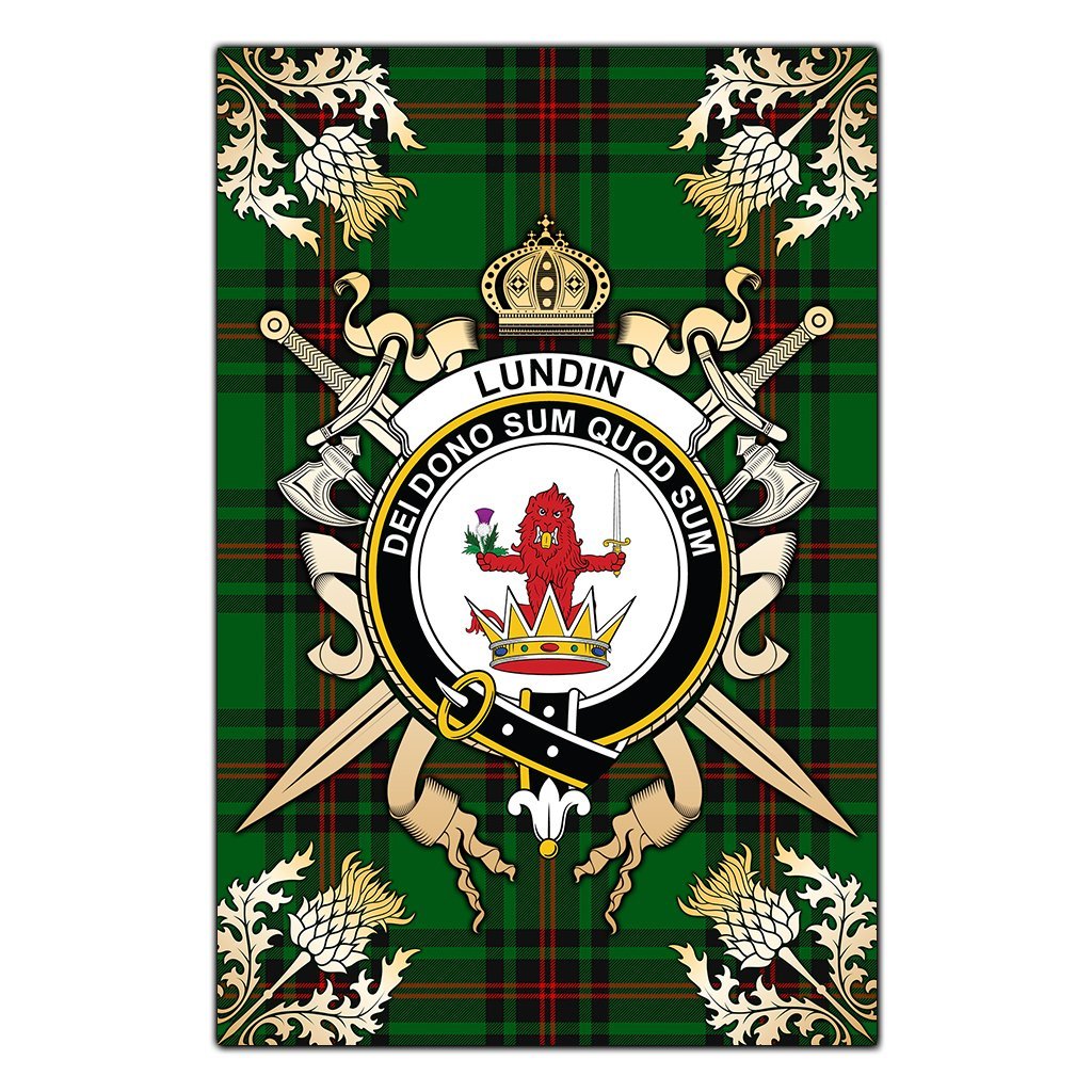 Lundin Tartan Crest Black Garden Flag - Gold Thistle Style