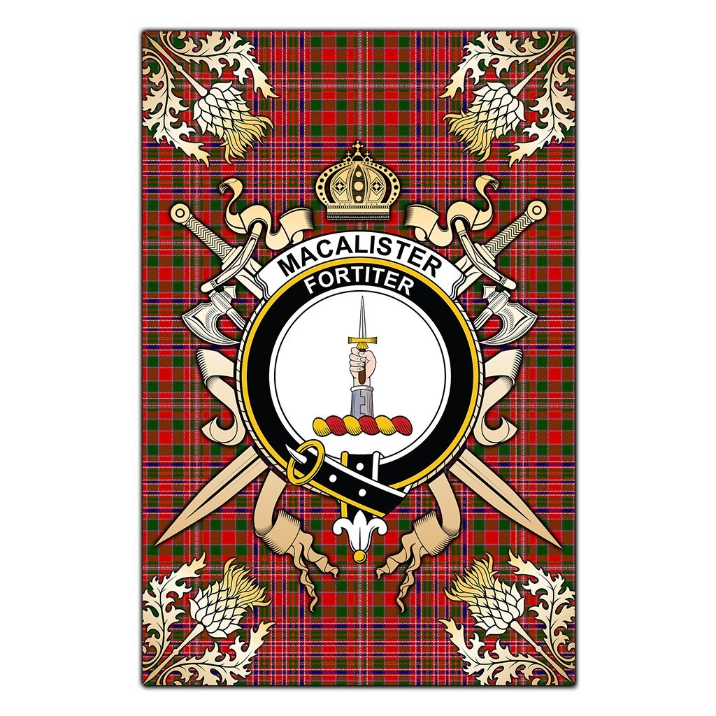 MacAlister Modern Tartan Crest Black Garden Flag - Gold Thistle Style