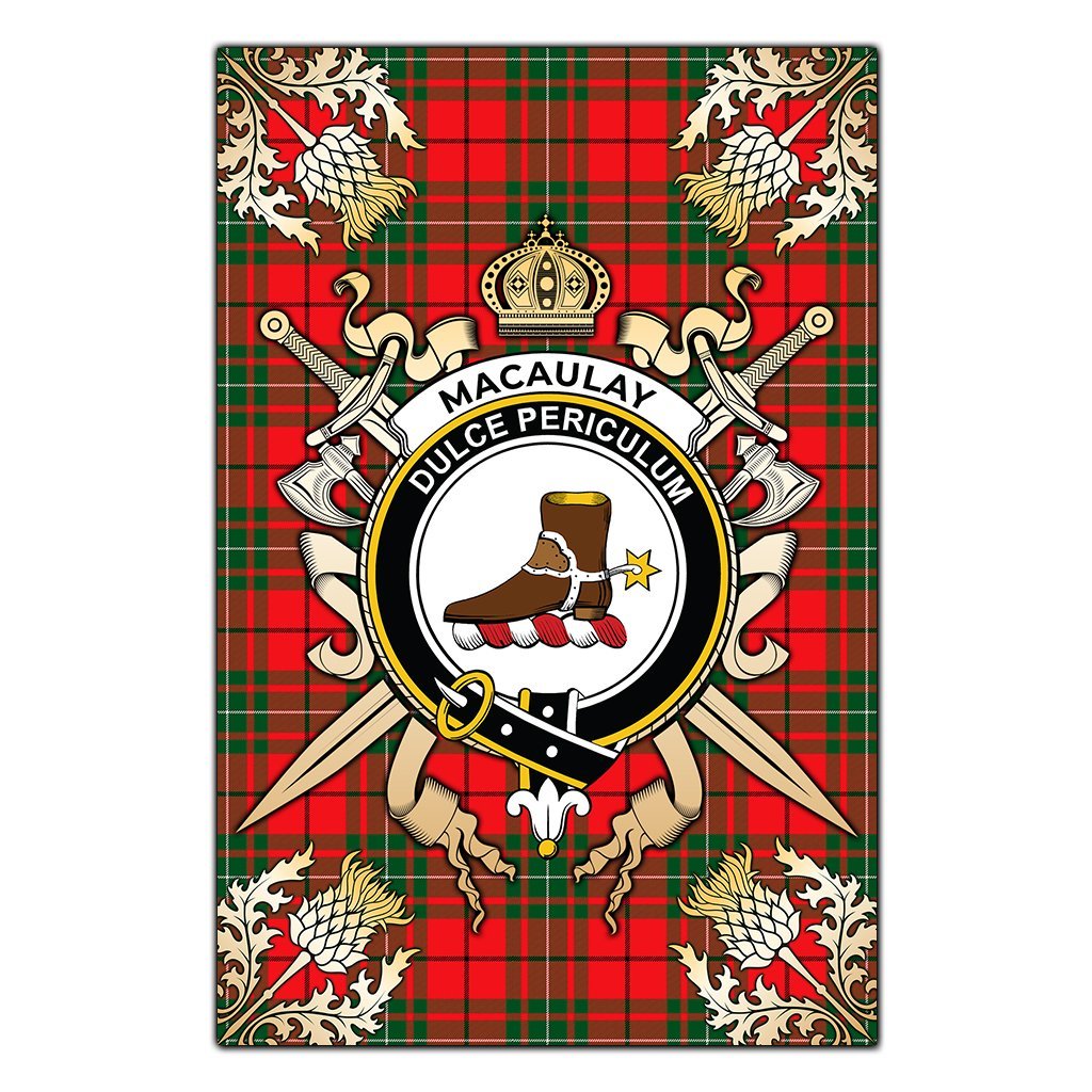 MacAulay Modern Tartan Crest Black Garden Flag - Gold Thistle Style