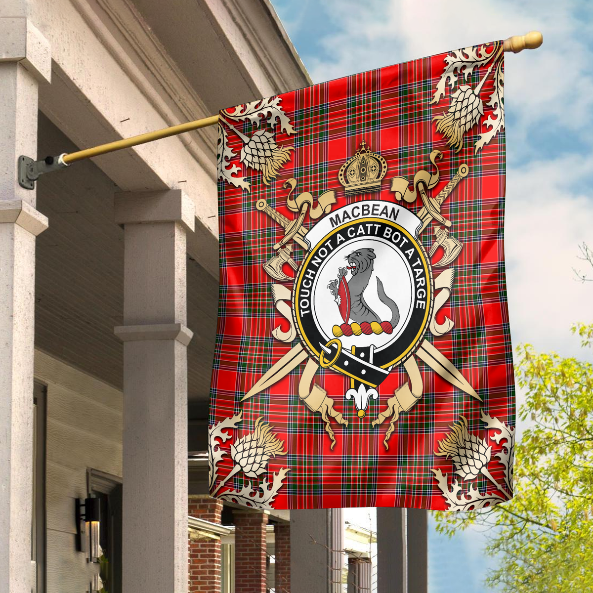 MacBean Tartan Crest Black Garden Flag - Gold Thistle Style