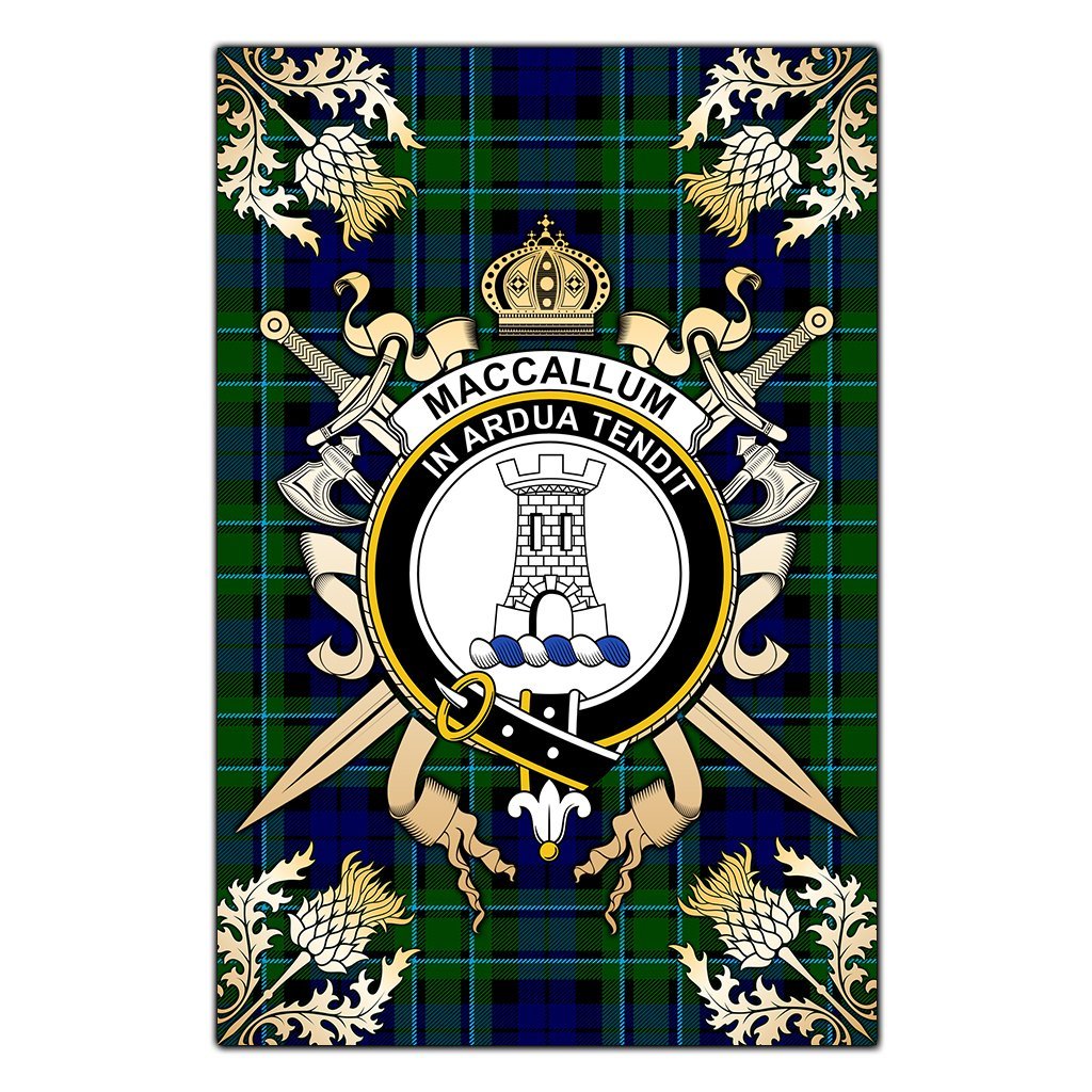 MacCallum Modern Tartan Crest Black Garden Flag - Gold Thistle Style