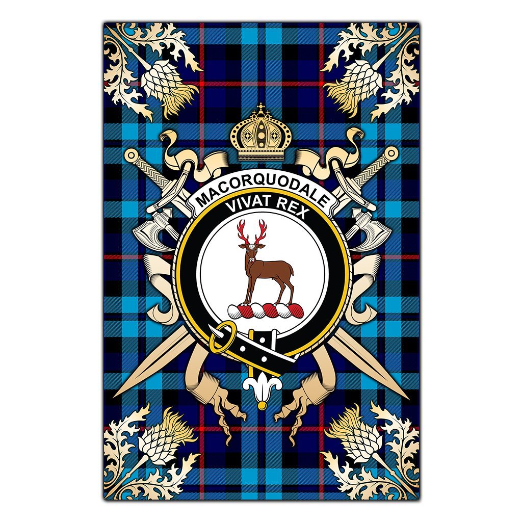 MacCorquodale Tartan Crest Black Garden Flag - Gold Thistle Style